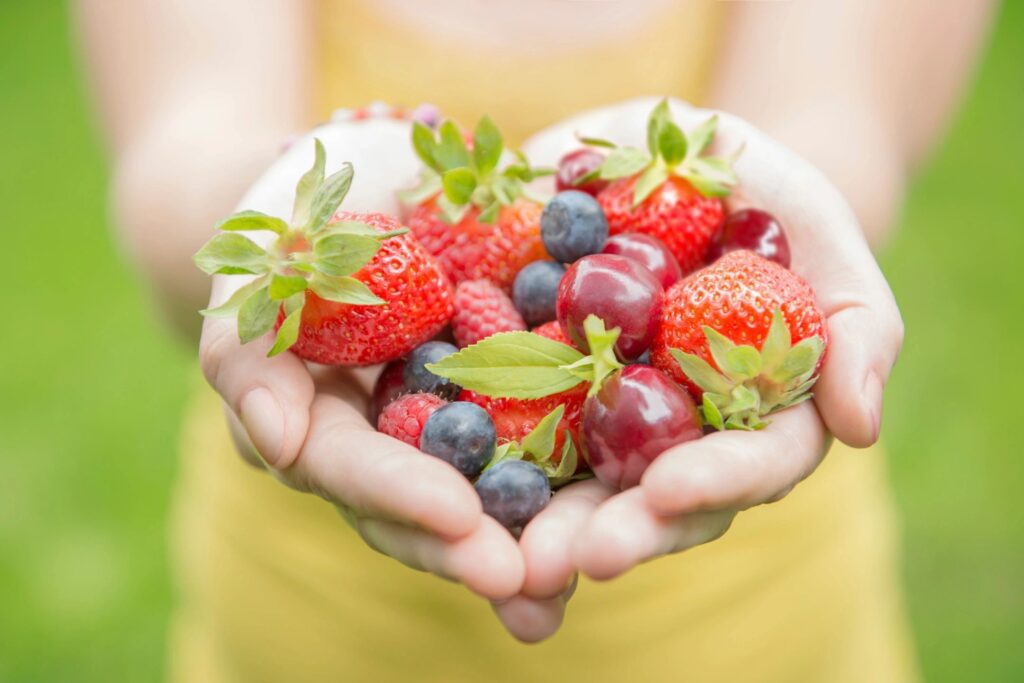 2 hands holding fruit