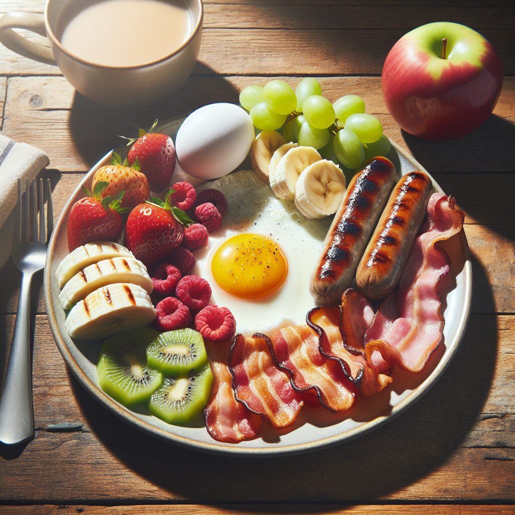 eggs, breakfast, sausage, bacon, fruit